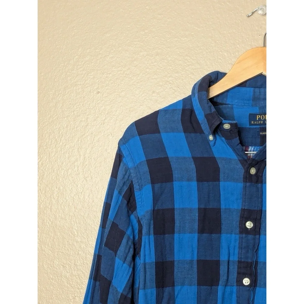 Polo Ralph Lauren Plaid Button Down Shirt Blue‎ Classic Fit Cotton Mens L